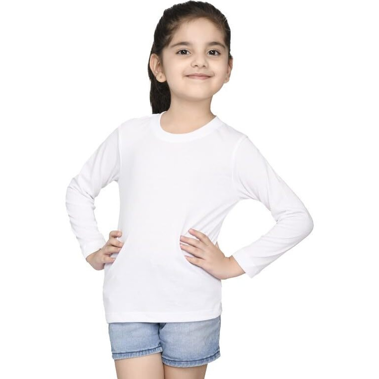 Nusyl Girl's White Solid Cotton T Shirt | Plain | Round Neck | Full Sleeve - Regular Fit |