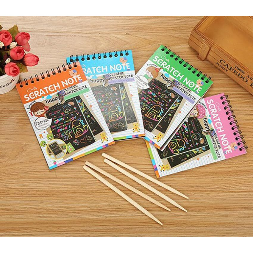 GLUN Rainbow Scratch Notebook with Magical Vibgyor Color with Pencil Stick Notepad, Educational Toy for Kids Pack of 1