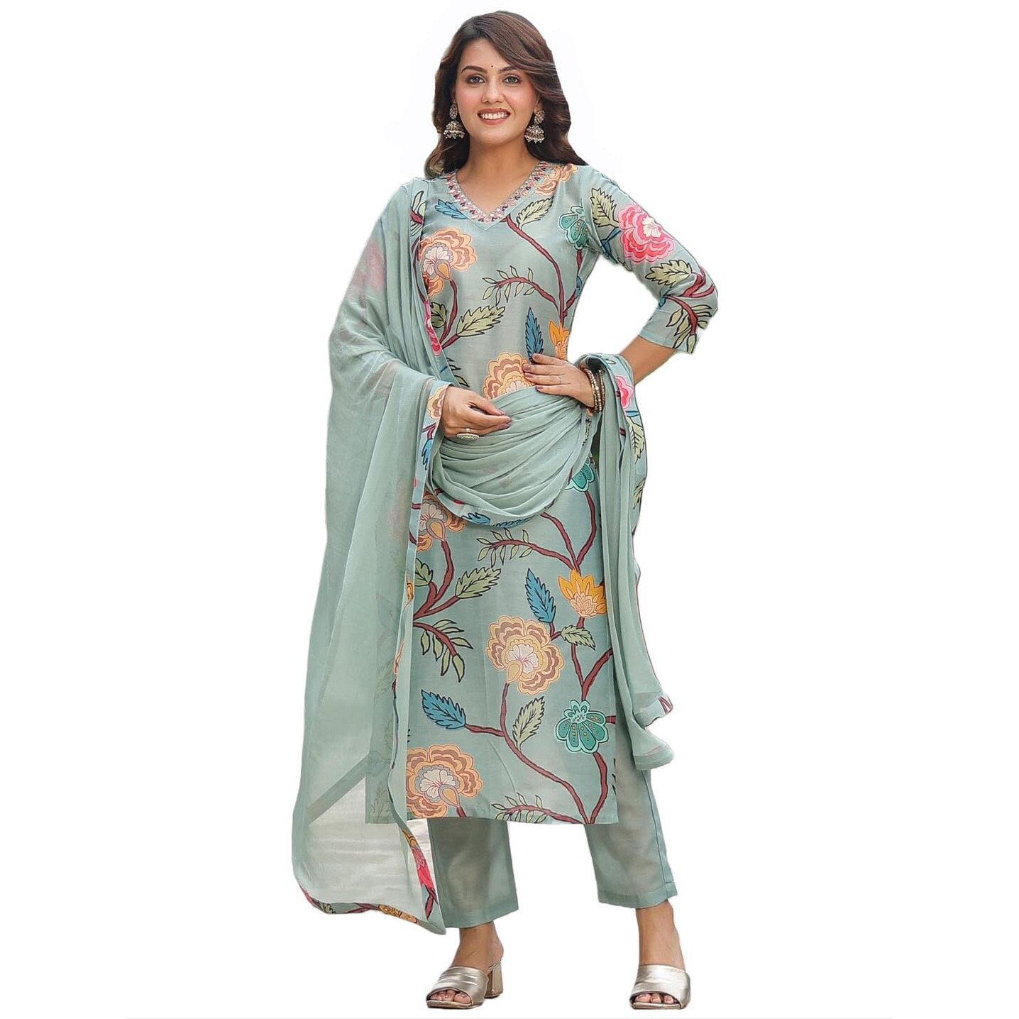 GoSriKi Women's Cotton Blend Straight Printed Kurta with Pant & Dupatta (Twig Pista-GS_XL_Pista_X-Large)