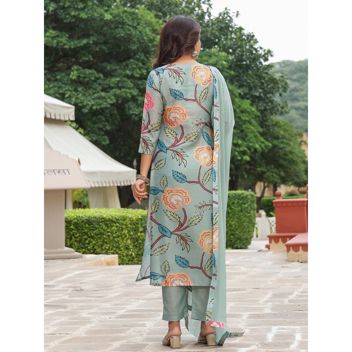 GoSriKi Women's Cotton Blend Straight Printed Kurta with Pant & Dupatta (Twig Pista-GS_XL_Pista_X-Large)
