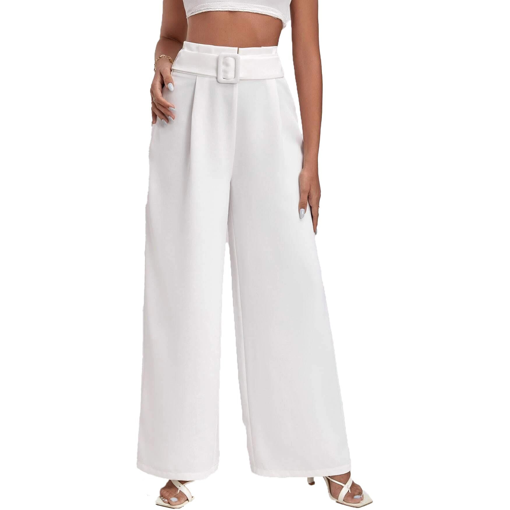 KOTTY Women's High Rise Viscose Rayon Relaxed Fit Korean Trousers Off White