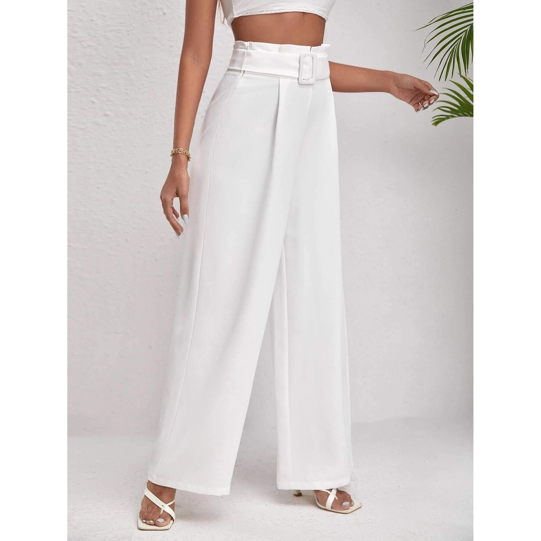KOTTY Women's High Rise Viscose Rayon Relaxed Fit Korean Trousers Off White