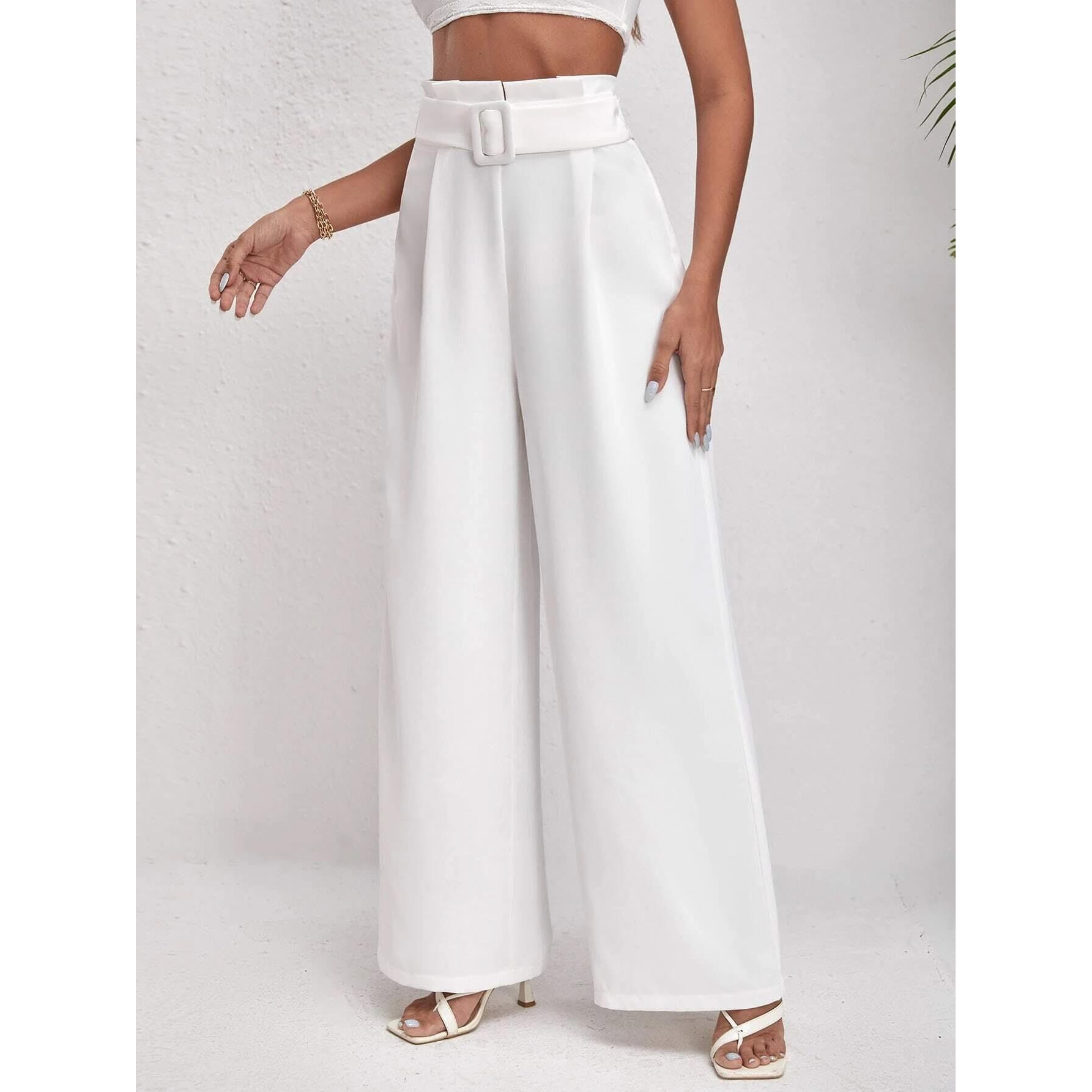 KOTTY Women's High Rise Viscose Rayon Relaxed Fit Korean Trousers Off White