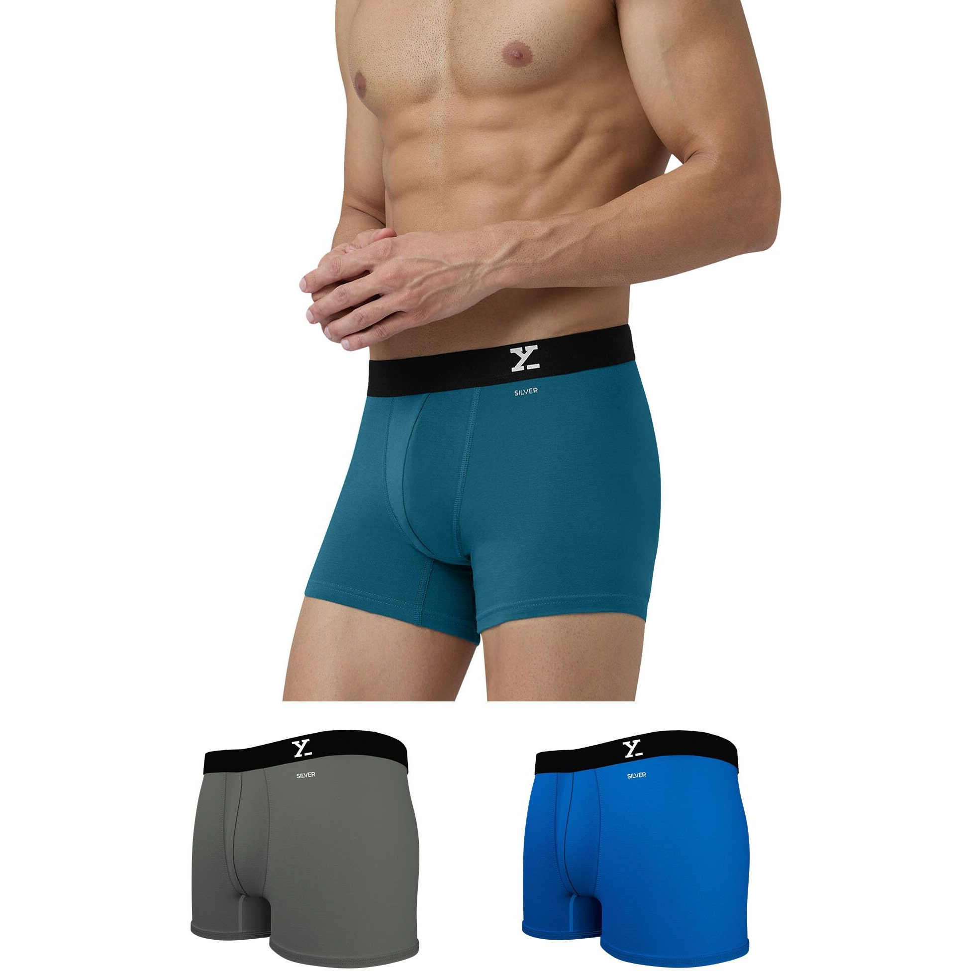 XYXX Cotton Relaxed Solid (Pack of 3) (Aero Trunks for Men Combo_Legion Brilliant Blue+Frost Grey_M)