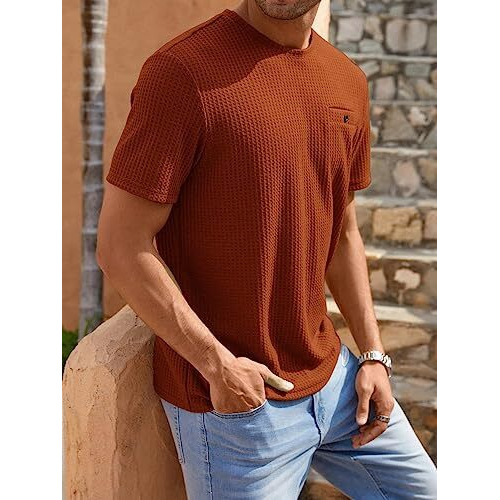 TAGDO Men's Waffle Knitted Crew Neck Regular Fit Tees (Waffle-5154-Rust-M)