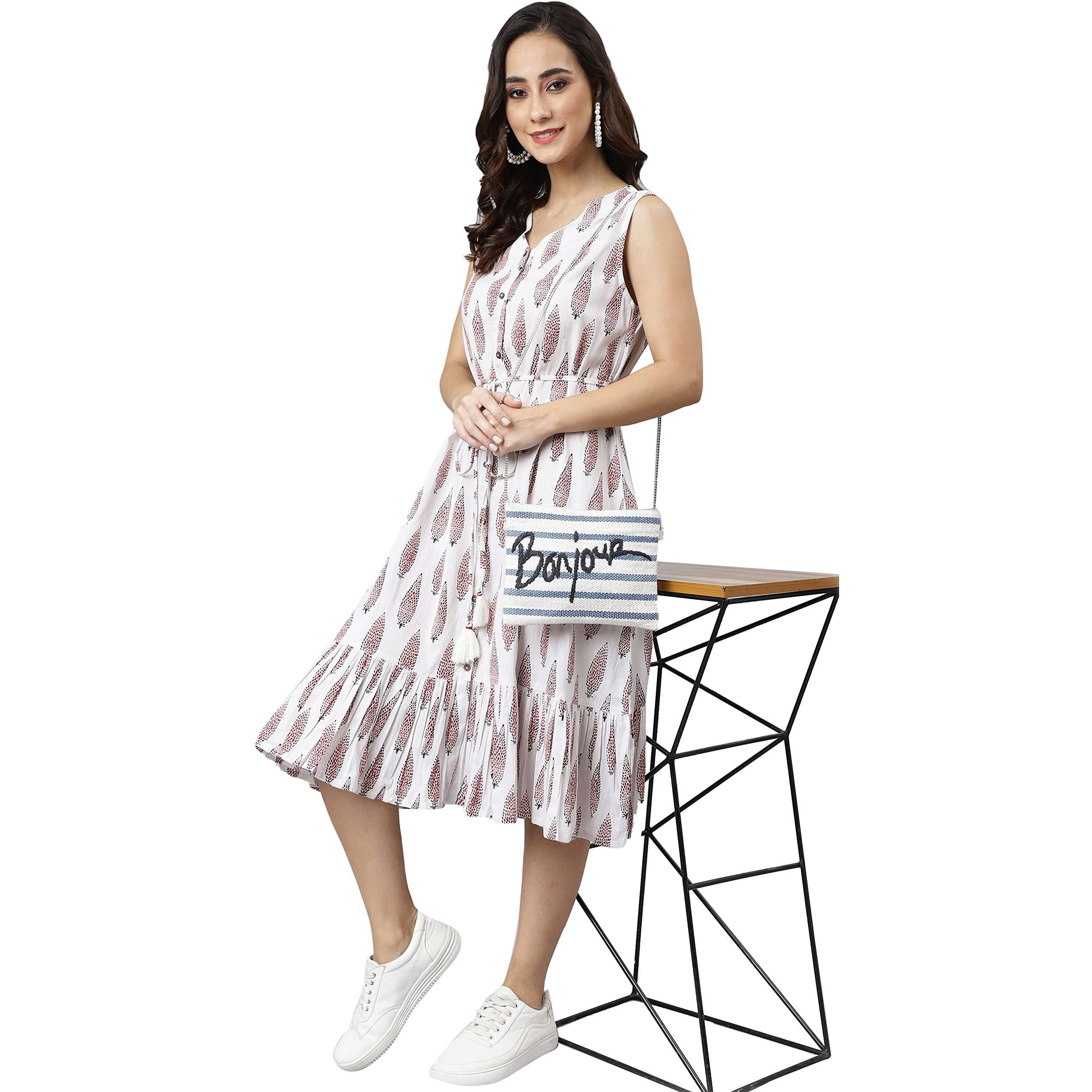 Janasya Women's White Cotton Ethnic Motifs Flared Western Dress