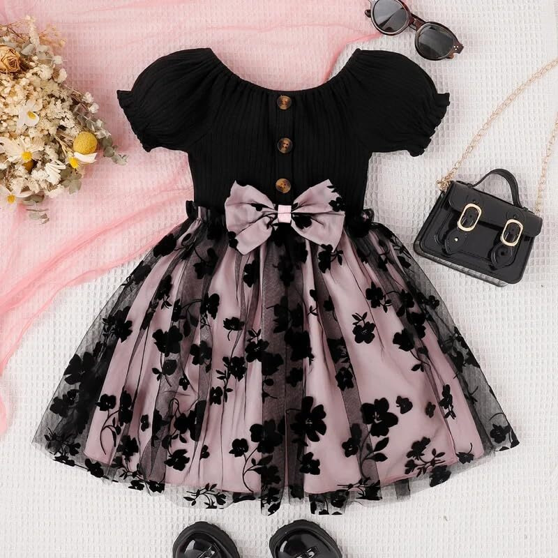 TAGAS Baby-Girl's Net A-Line Knee-Length Dress (KD-134-PINK-4_Pink_4 5 Years)