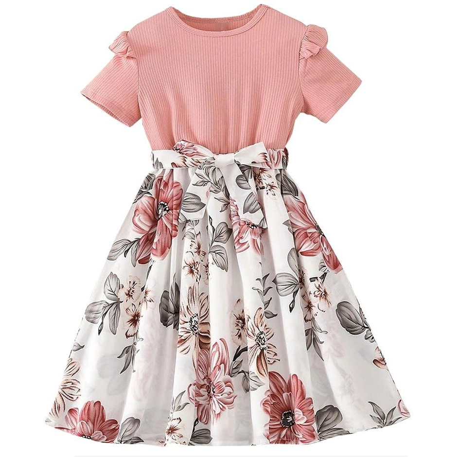 Niren Enterprise Baby Girl Dresses, Modal Fabric Frocks with Floral Print & Top with Short Flutter Sleeve for Birthday and Special Occassions, Fancy Dress for Kids (Love Bird Frock, 6-7 Years) Peach