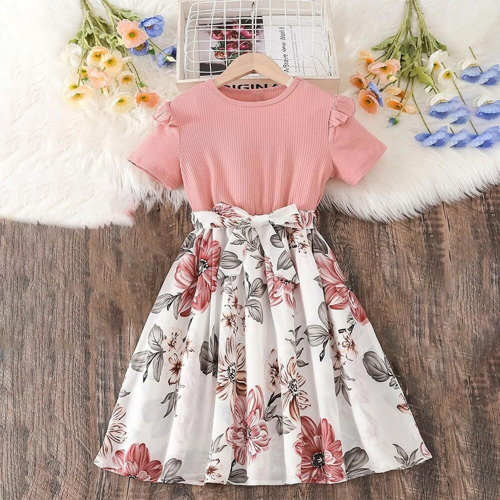 Niren Enterprise Baby Girl Dresses, Modal Fabric Frocks with Floral Print & Top with Short Flutter Sleeve for Birthday and Special Occassions, Fancy Dress for Kids (Love Bird Frock, 6-7 Years) Peach