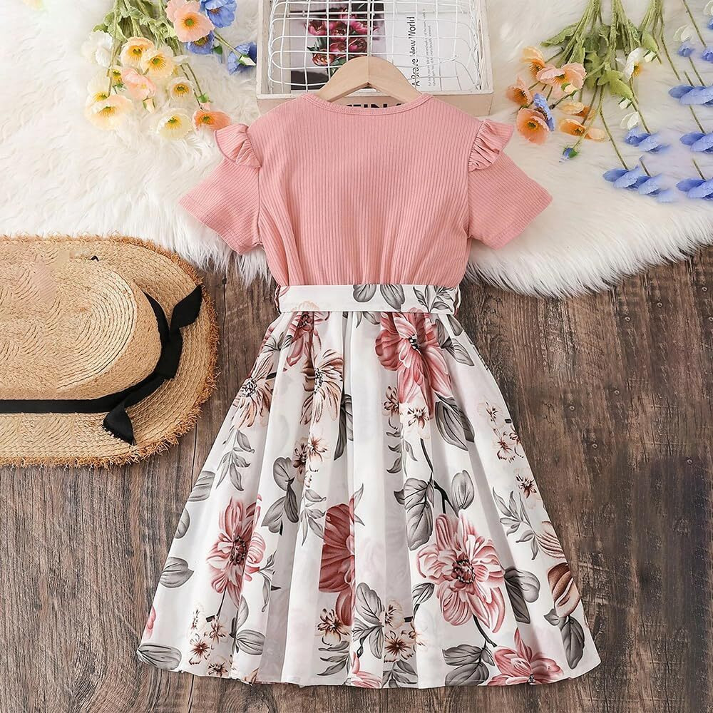 Niren Enterprise Baby Girl Dresses, Modal Fabric Frocks with Floral Print & Top with Short Flutter Sleeve for Birthday and Special Occassions, Fancy Dress for Kids (Love Bird Frock, 6-7 Years) Peach
