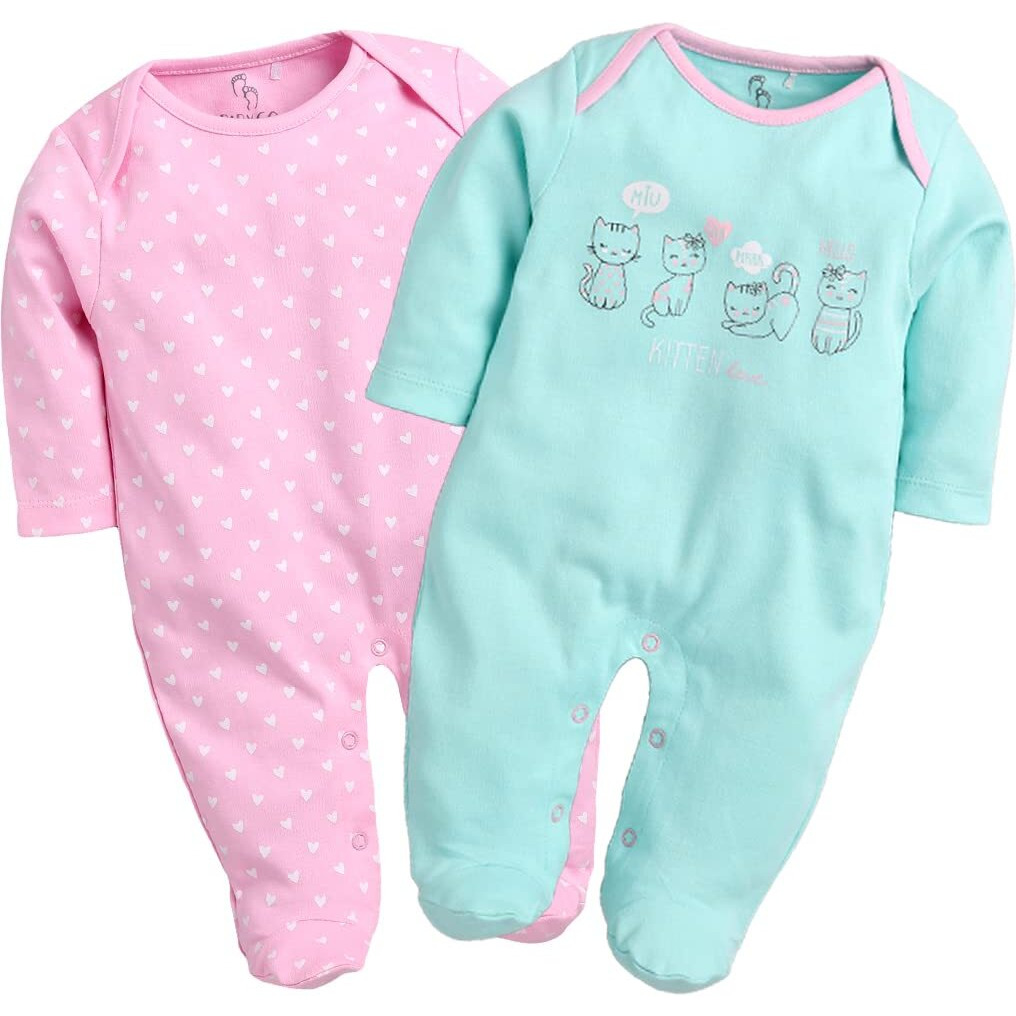 BabyGo Baby Romper 100% Cotton Rompers for New Born Baby|Night Suits for Baby Boys & Girls| PINK| 0-3M| 3-6M| 6-9M| Pack of 2