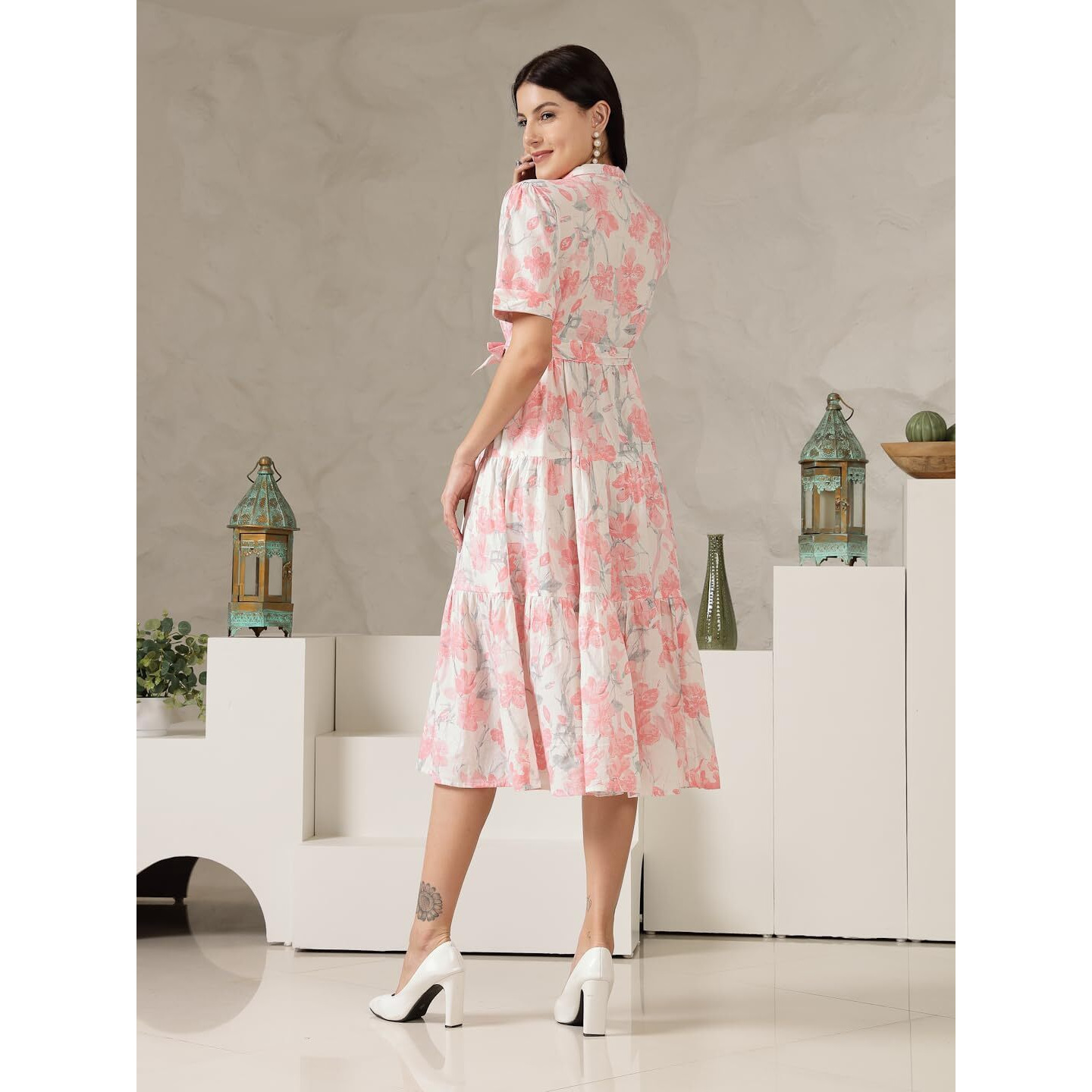 Stylum Women's Pestal Pink Floral Printed Cotton Flared Dress (DRSPINKKINNU_Baby Pink) (in, Alpha, S, Regular)