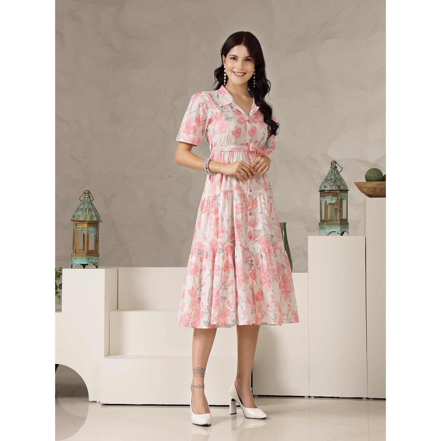 Stylum Women's Pestal Pink Floral Printed Cotton Flared Dress (DRSPINKKINNU_Baby Pink) (in, Alpha, S, Regular)