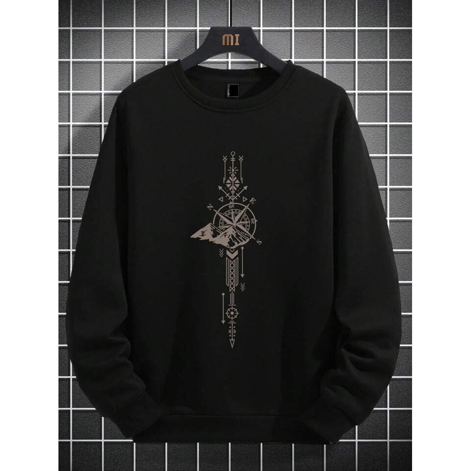 TAGAS Men's Fleece Year Round Replenishable Round Neck Regular Fit Sweatshirt (MSS-1-COMPASS-BLACK- Black_XL)