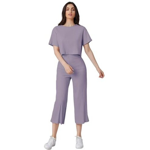 GRECIILOOKS Women's Ribbed A-Line Standard Length Co-Ord Set (Gl-W1787&Tr846_Purple_S)