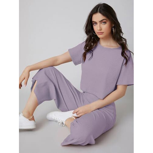 GRECIILOOKS Women's Ribbed A-Line Standard Length Co-Ord Set (Gl-W1787&Tr846_Purple_S)