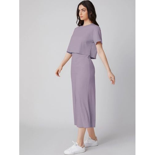 GRECIILOOKS Women's Ribbed A-Line Standard Length Co-Ord Set (Gl-W1787&Tr846_Purple_S)