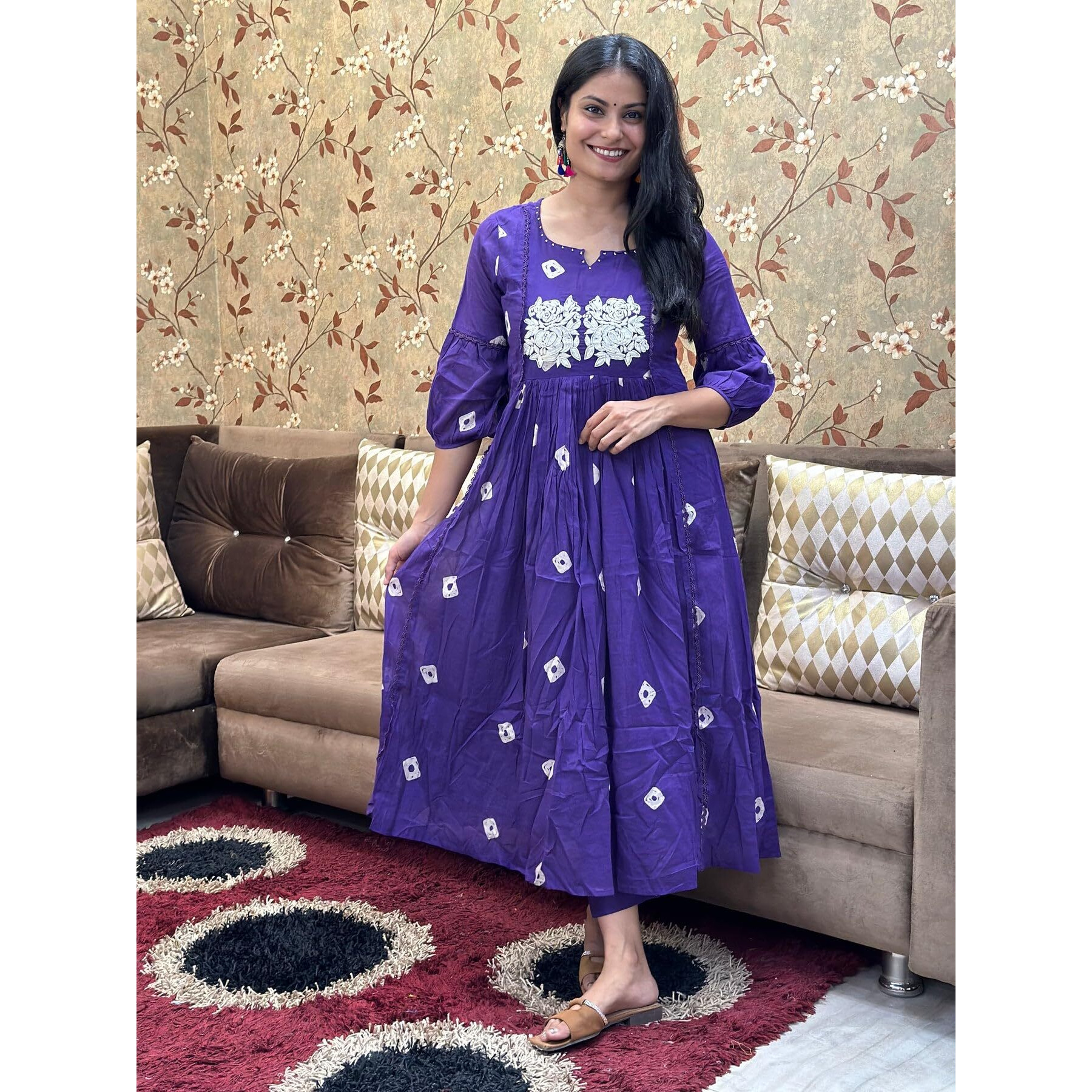 GoSriKi Women's Rayon Blend Anarkali Printed Kurta with Pant (ANVESHI BEGANI-GS_XXL_Begani_XX-Large)