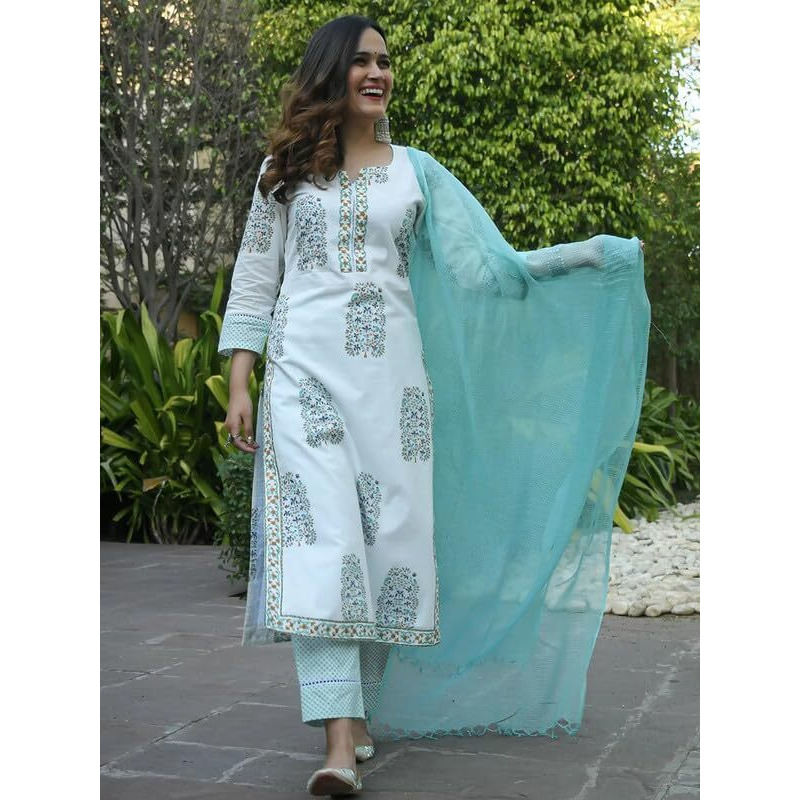 Pinkmint Women's Printed Straight Kurta with Pant & Dupatta Suit ll Festival Wear
