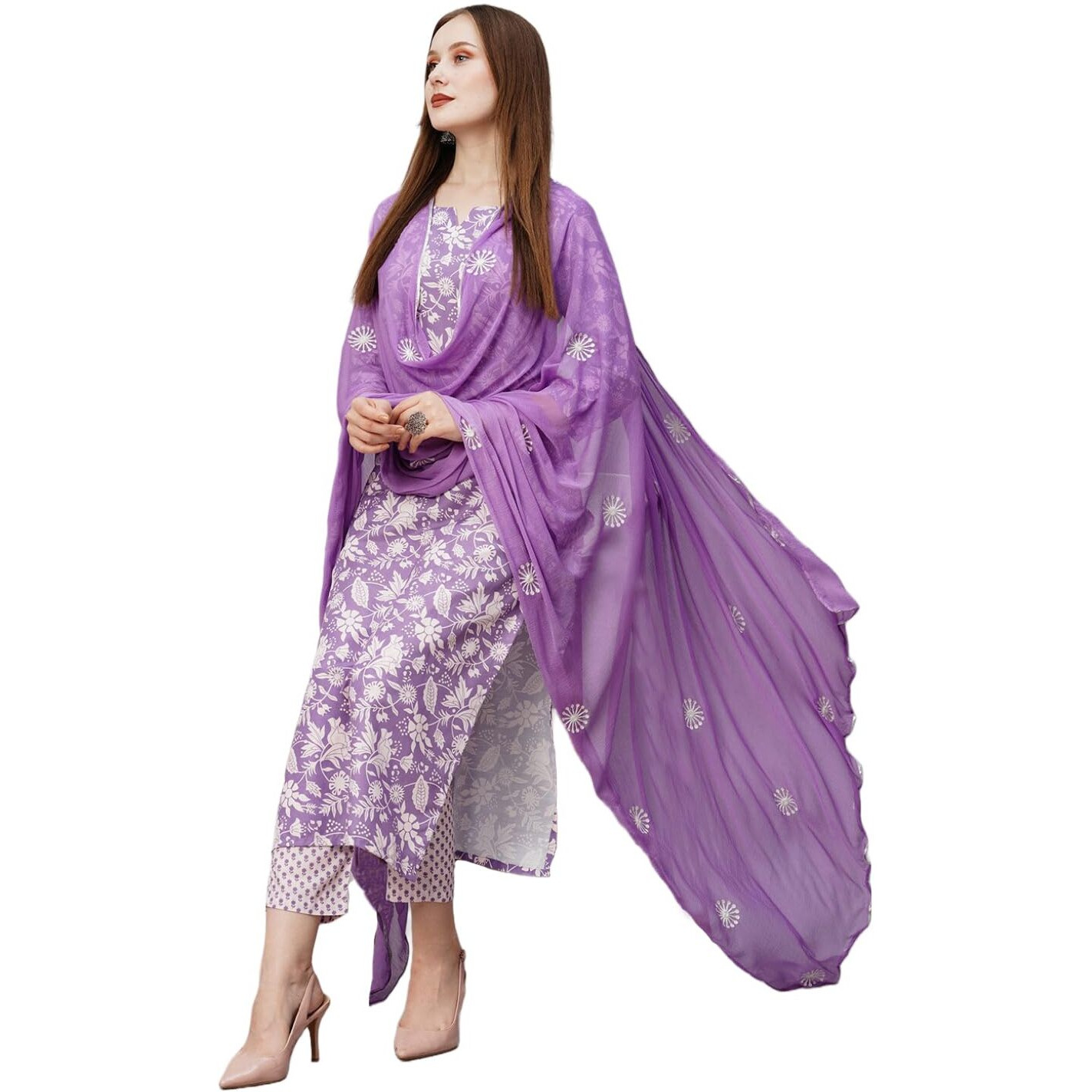 GoSriKi Women's Cotton Blend Floral Straight Kurta with Pant & Dupatta (MEI Purple-NW-GS Small)