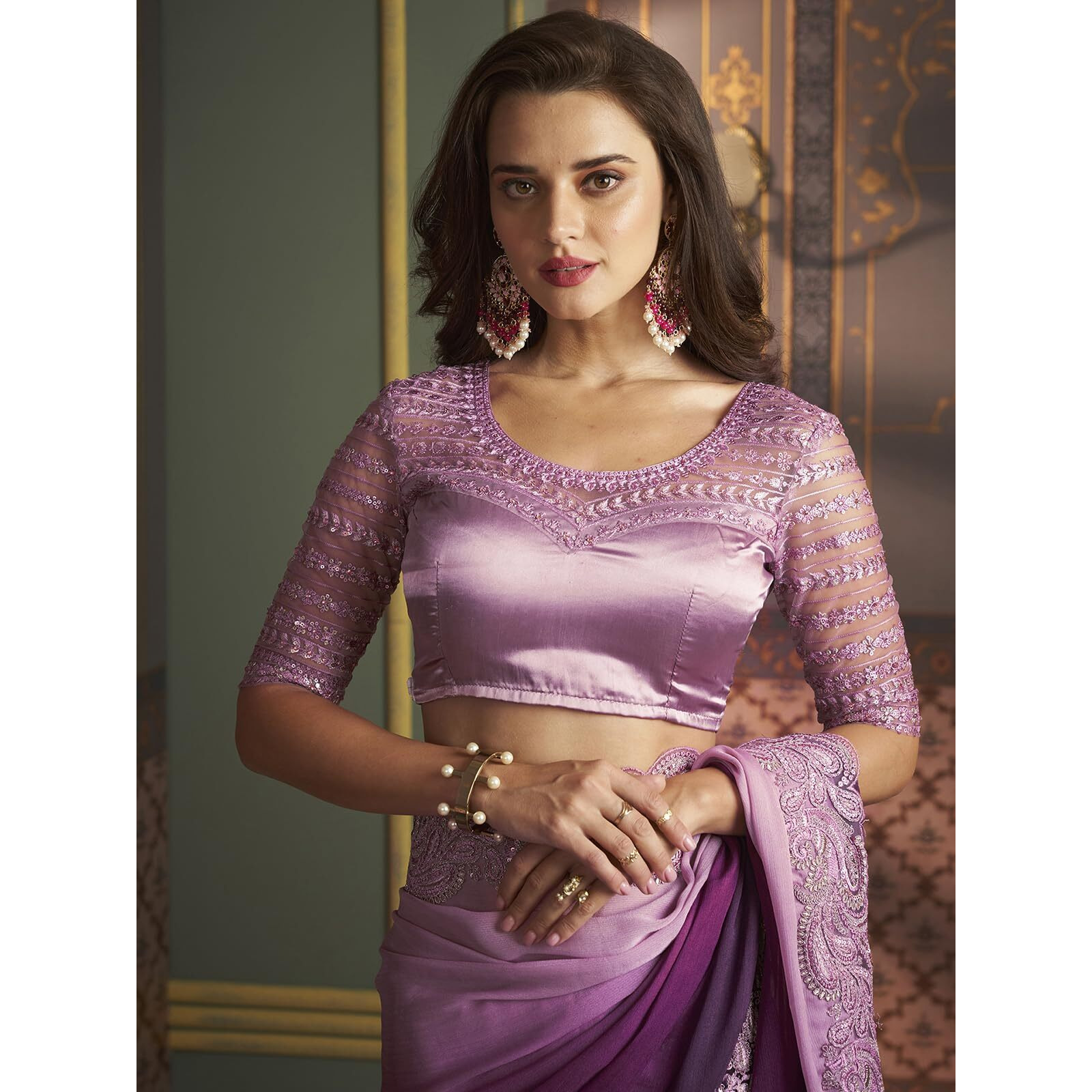Satrani Women's Chiffon Printed & Lace Saree with Unstitched Blouse Piece (3568S132N_Dark Purple & Lavender)