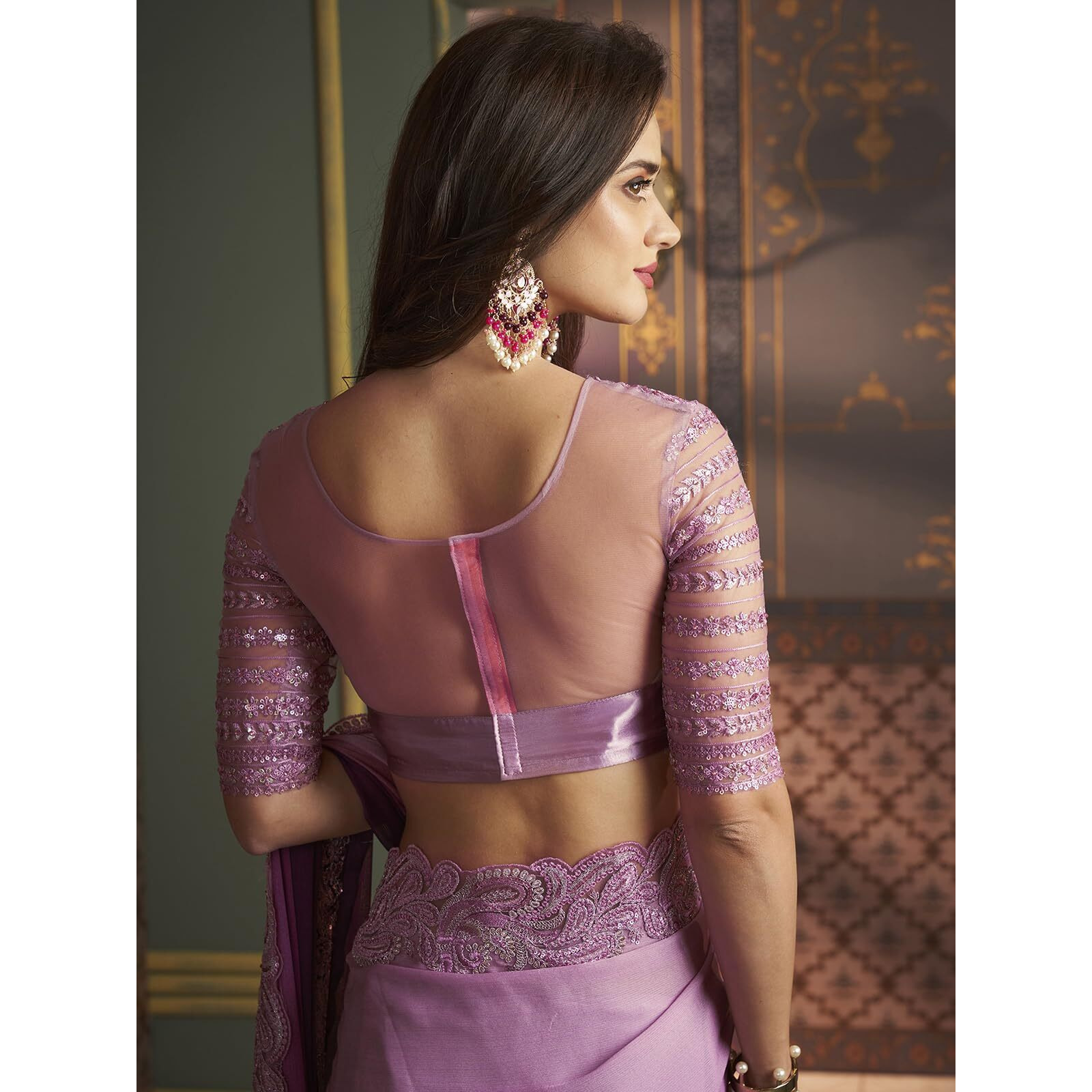 Satrani Women's Chiffon Printed & Lace Saree with Unstitched Blouse Piece (3568S132N_Dark Purple & Lavender)