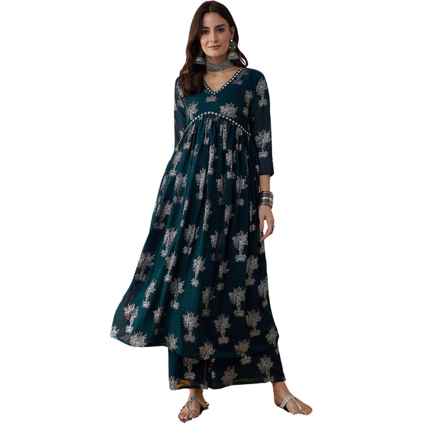 rytras Women's Printed Alia Cut Kurta and Palazzos Set (Green,XL)