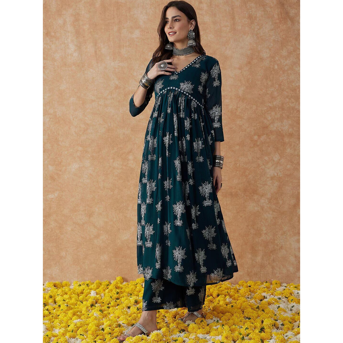 rytras Women's Printed Alia Cut Kurta and Palazzos Set (Green,XL)