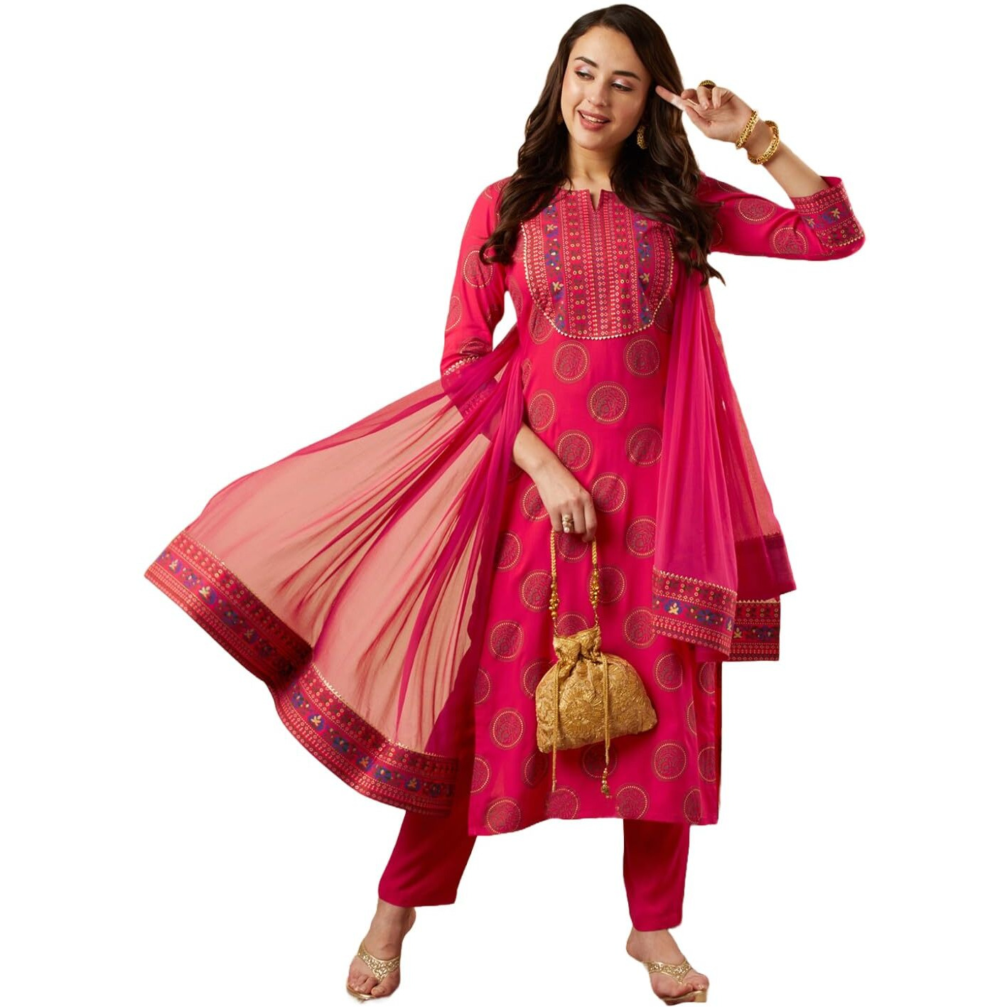 GoSriKi Women's Cotton Blend Printed Straight Kurta with Pant & Dupatta (NOV-Pink-GS_5XL_Pink_XXXXX-Large)