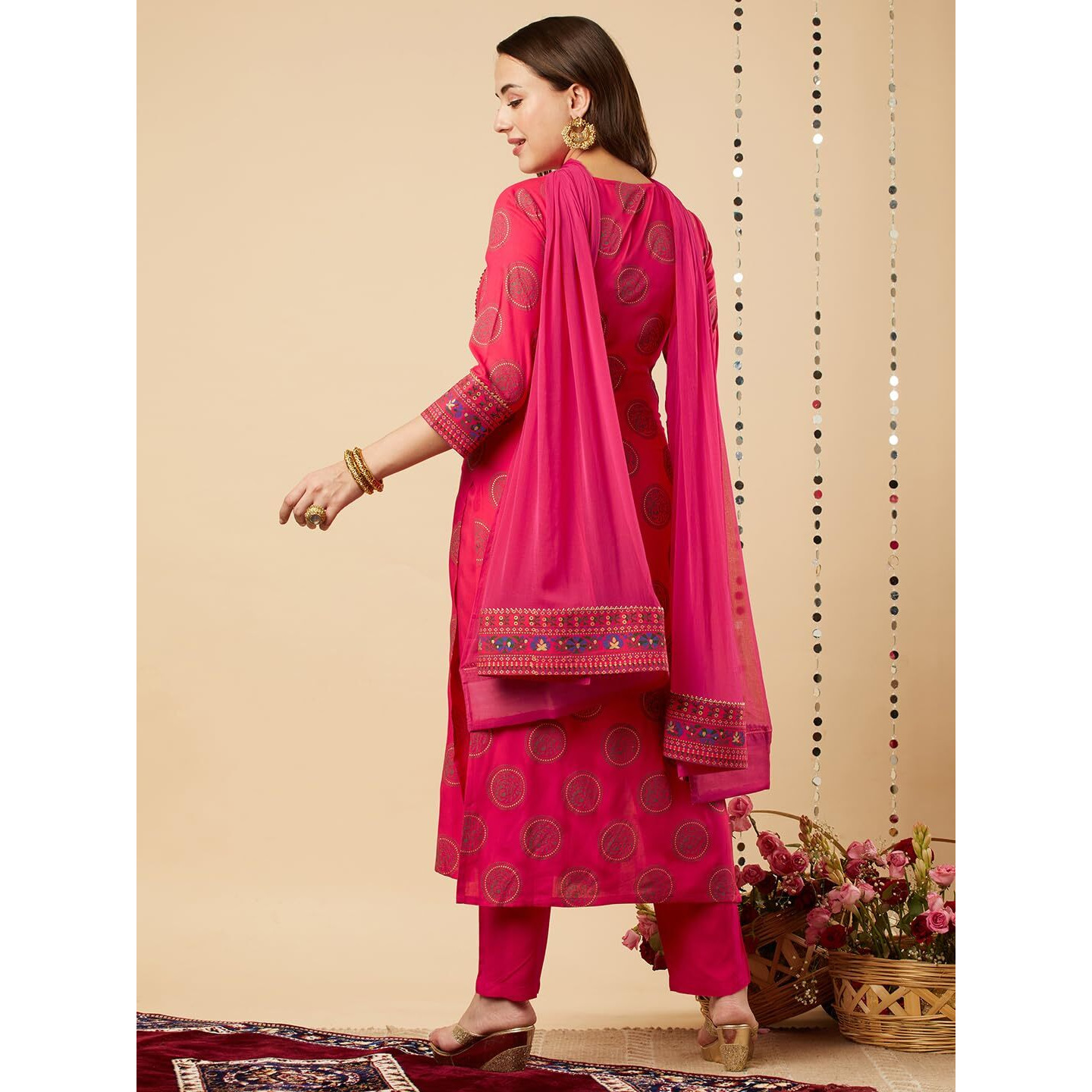 GoSriKi Women's Cotton Blend Printed Straight Kurta with Pant & Dupatta (NOV-Pink-GS_5XL_Pink_XXXXX-Large)