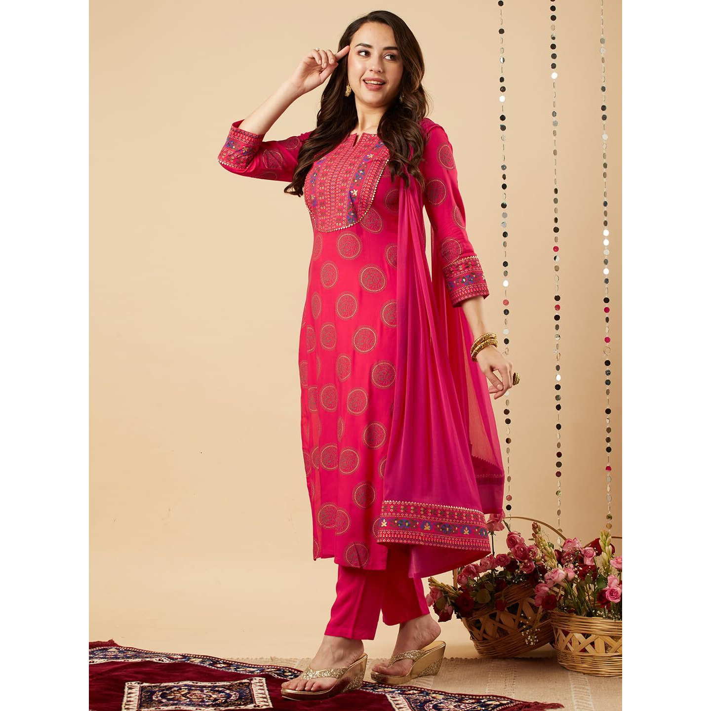 GoSriKi Women's Cotton Blend Printed Straight Kurta with Pant & Dupatta (NOV-Pink-GS_5XL_Pink_XXXXX-Large)