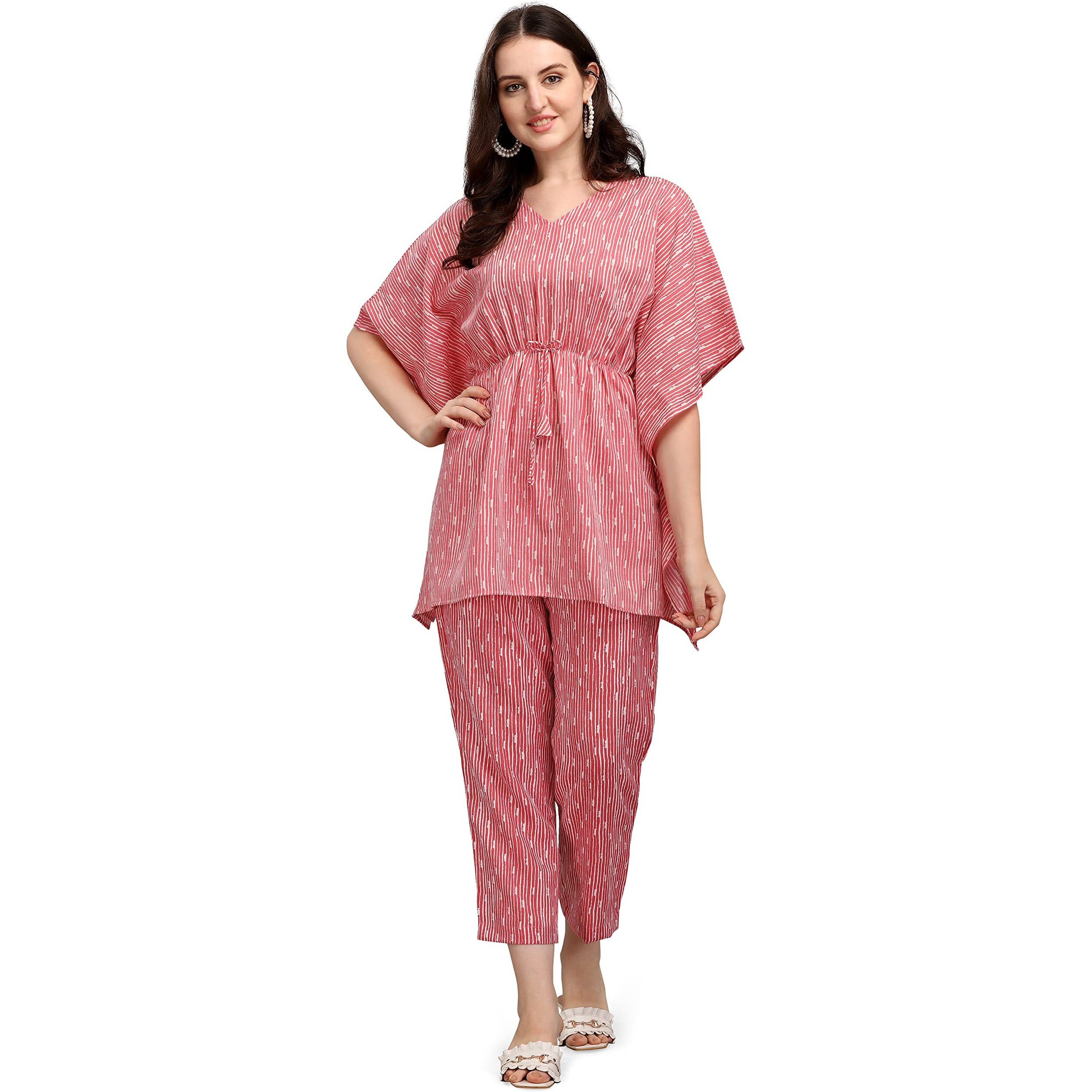NAINVISH Women's Cotton Blend Straight V-Neck Printed Kaftan Top with Pant (SD228_KB-L_Pink)