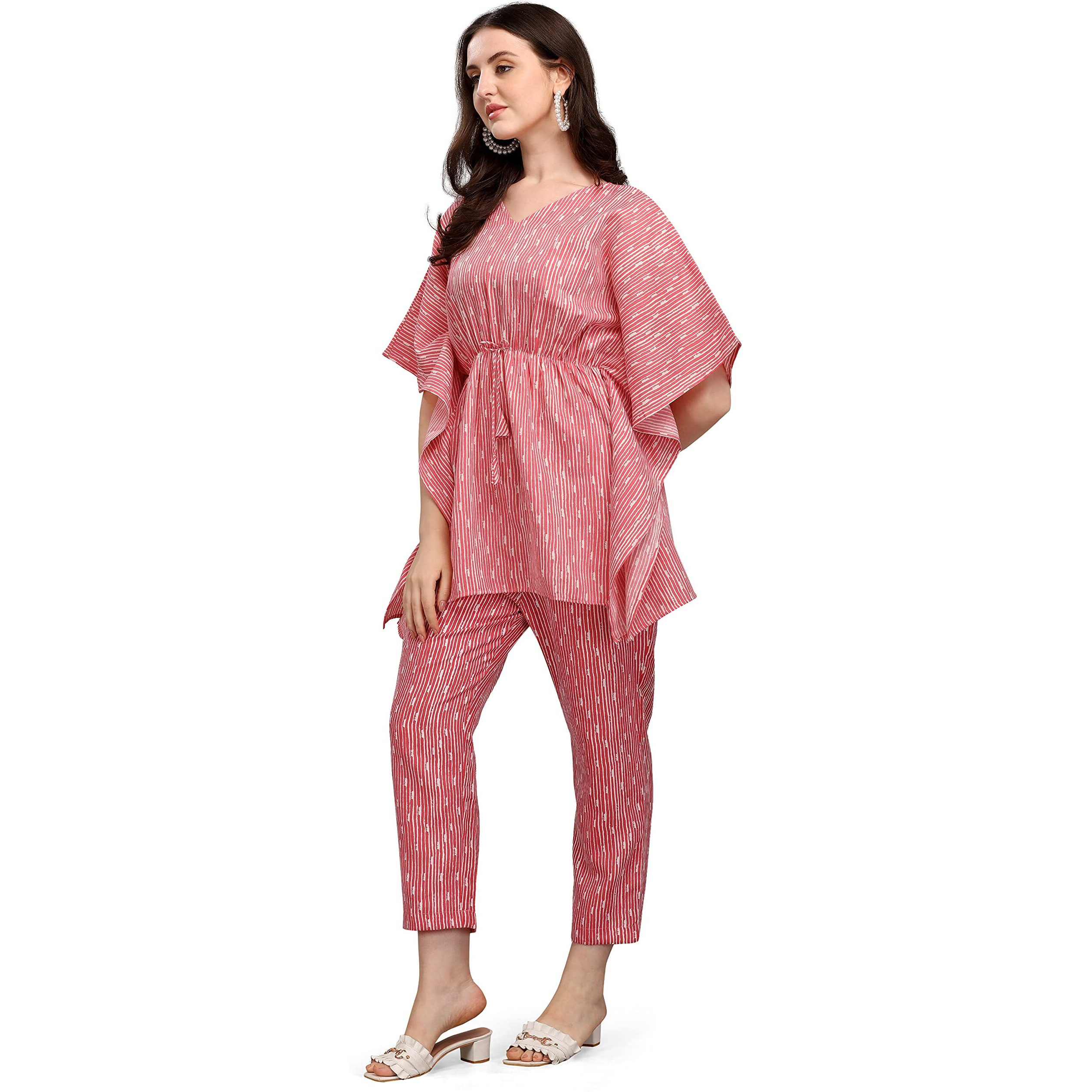 NAINVISH Women's Cotton Blend Straight V-Neck Printed Kaftan Top with Pant (SD228_KB-L_Pink)