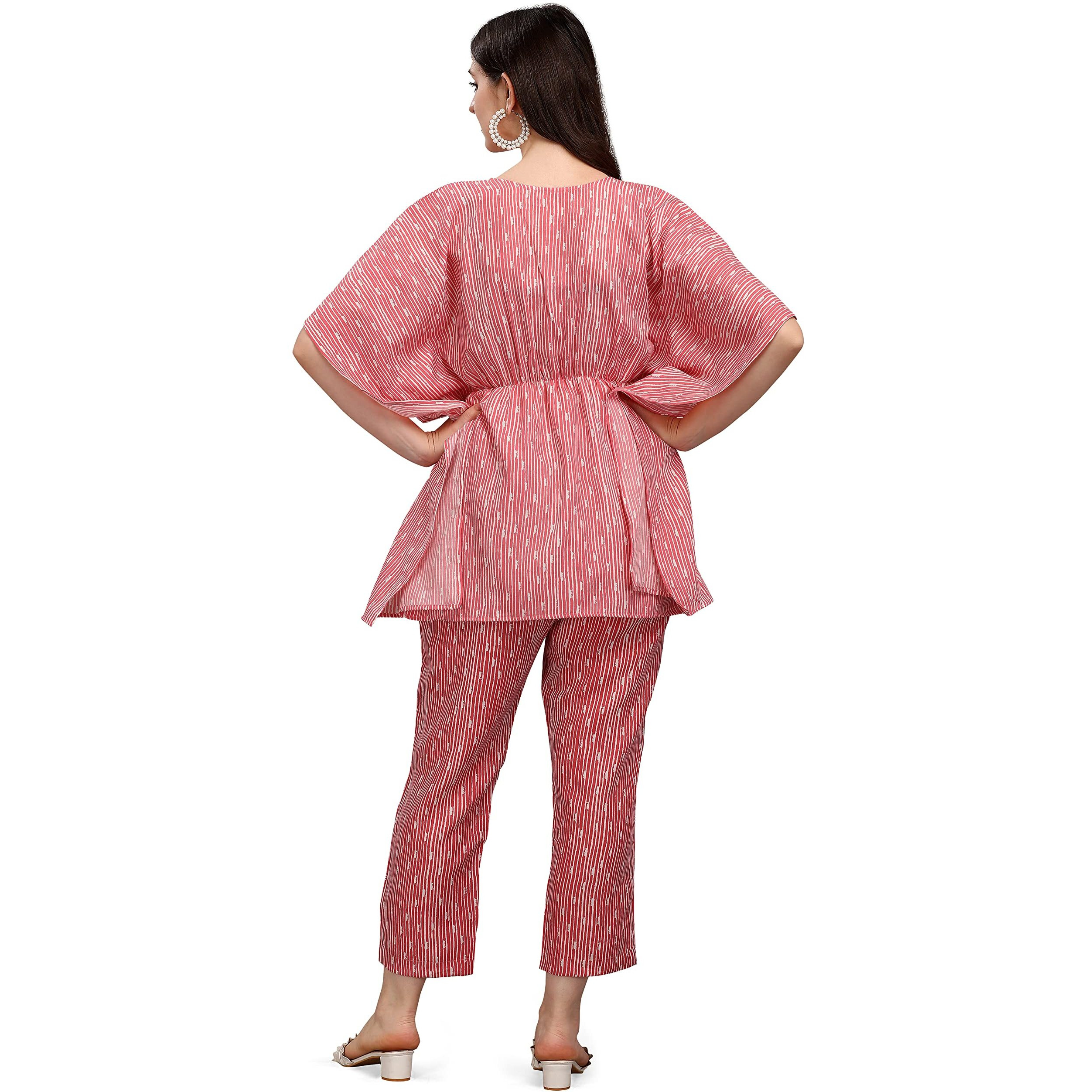 NAINVISH Women's Cotton Blend Straight V-Neck Printed Kaftan Top with Pant (SD228_KB-L_Pink)