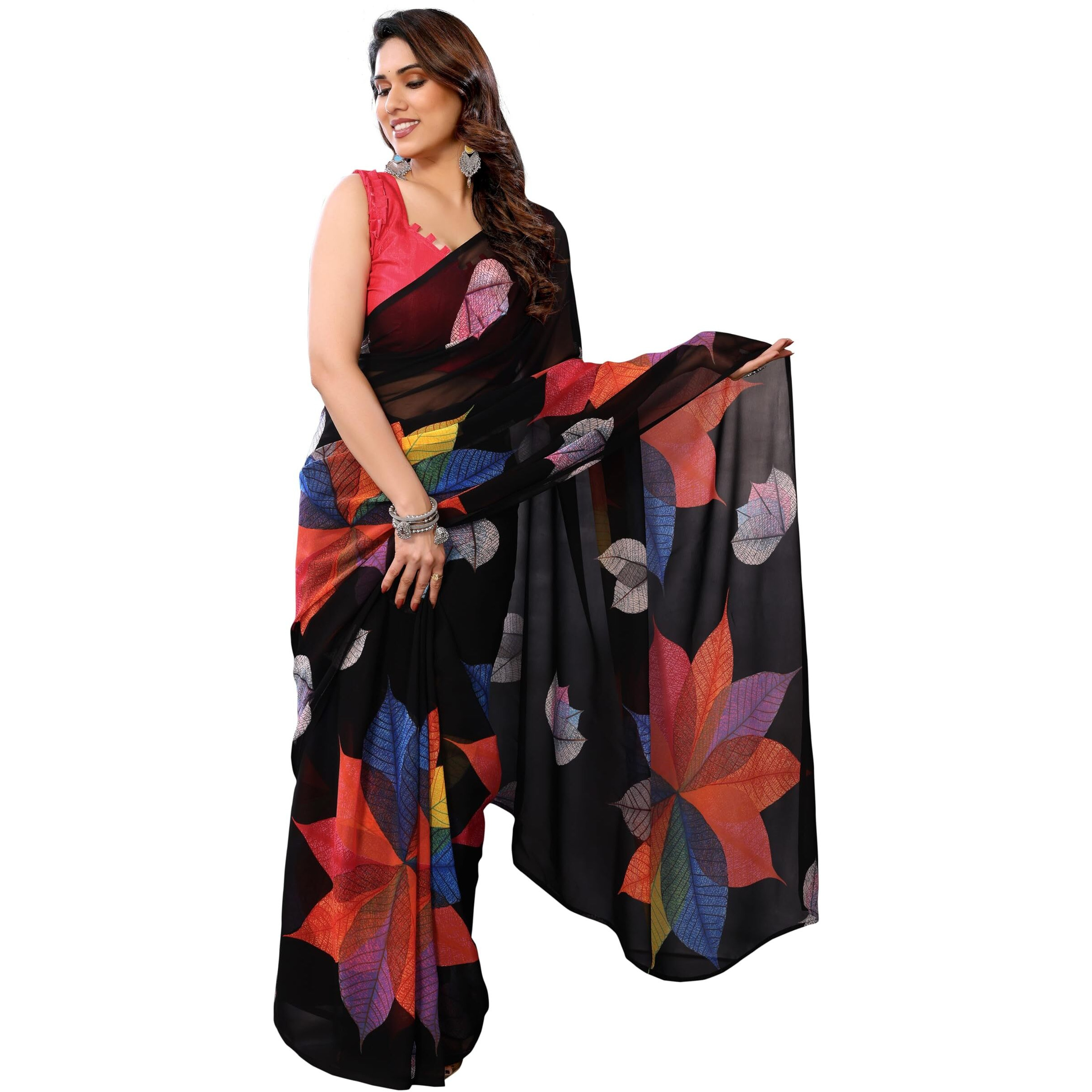 Stylescope Women's Printed Georgette Ready To Wear One Minute Saree With Unstitched Blouse Piece (RTW Paan Black_Black_Free Size)