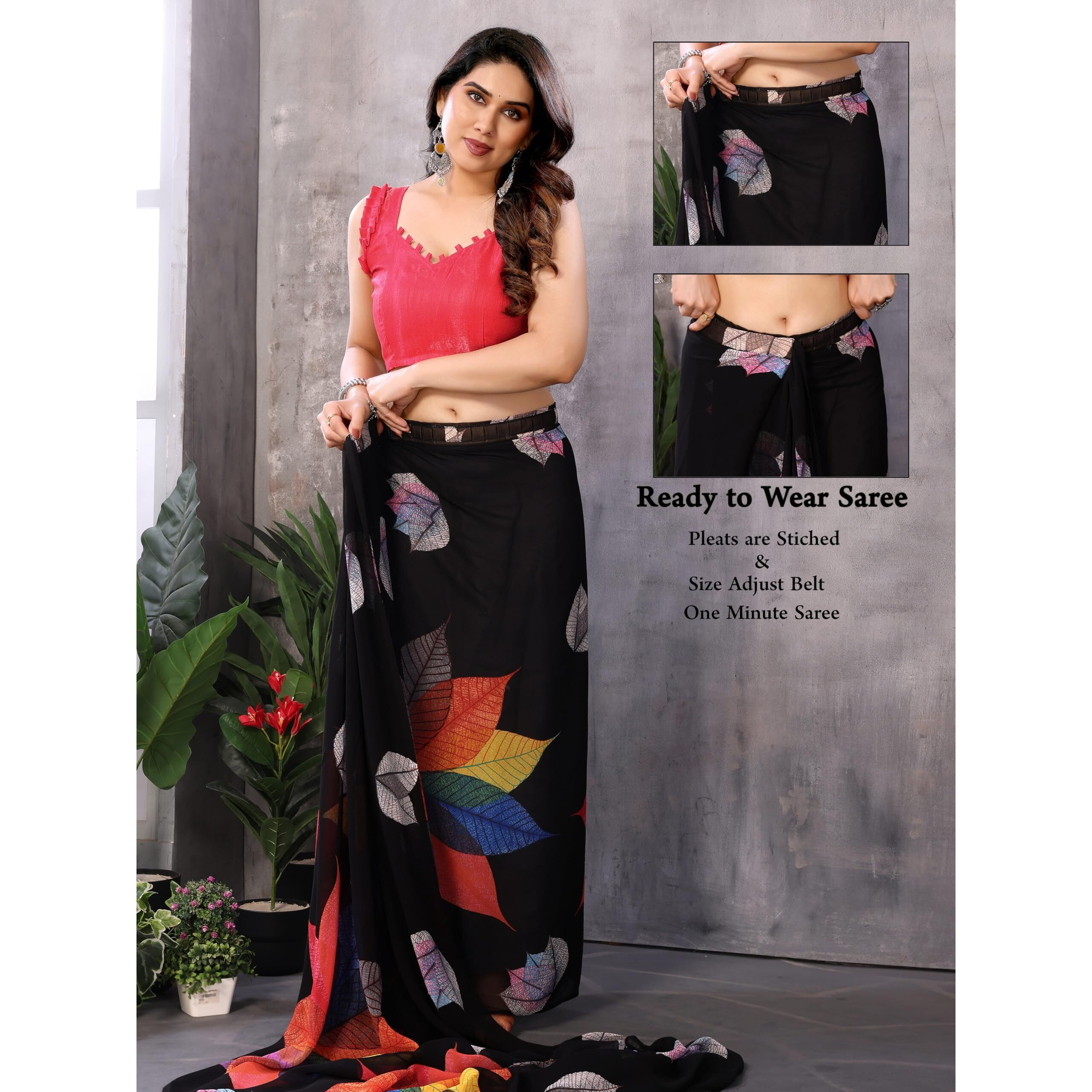 Stylescope Women's Printed Georgette Ready To Wear One Minute Saree With Unstitched Blouse Piece (RTW Paan Black_Black_Free Size)