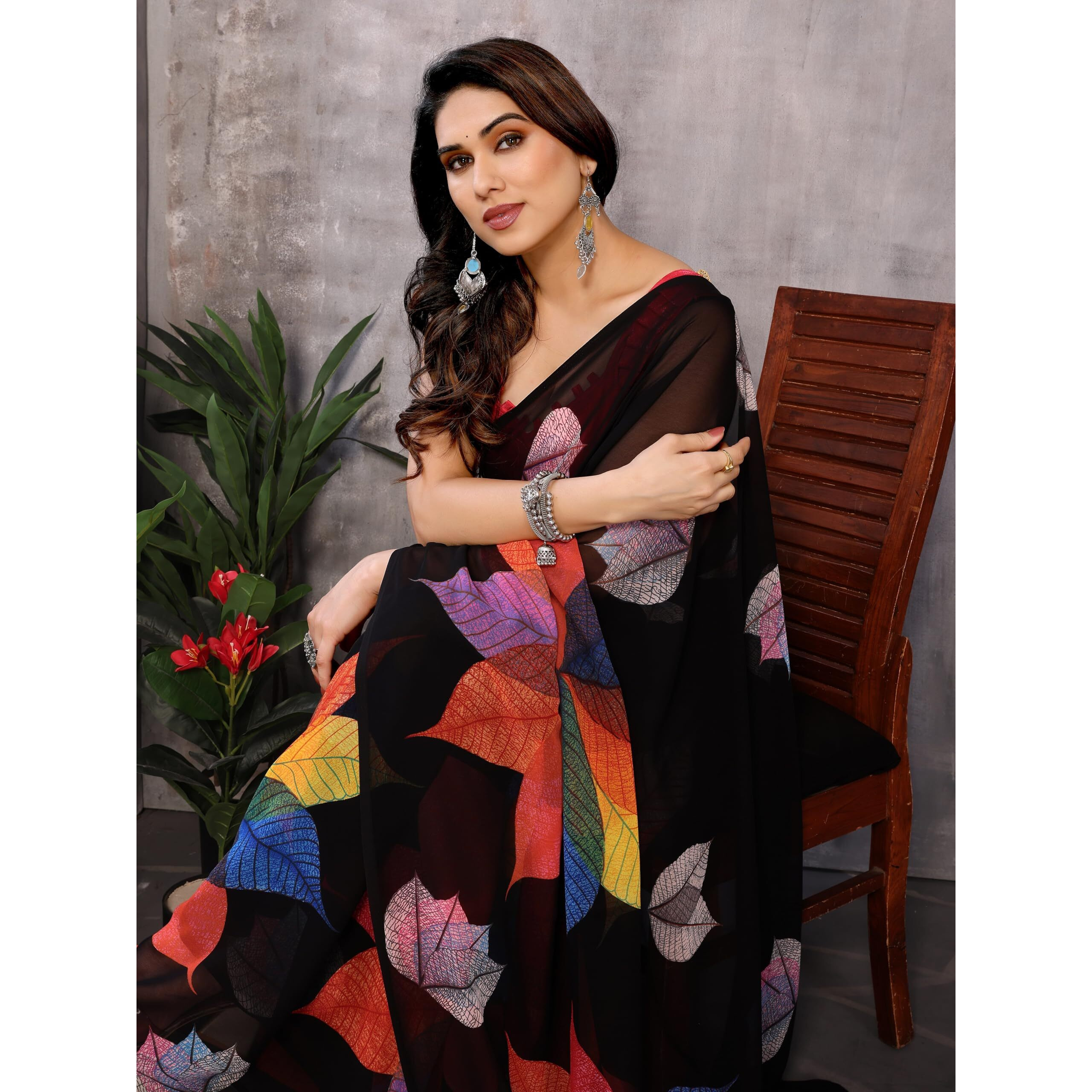 Stylescope Women's Printed Georgette Ready To Wear One Minute Saree With Unstitched Blouse Piece (RTW Paan Black_Black_Free Size)