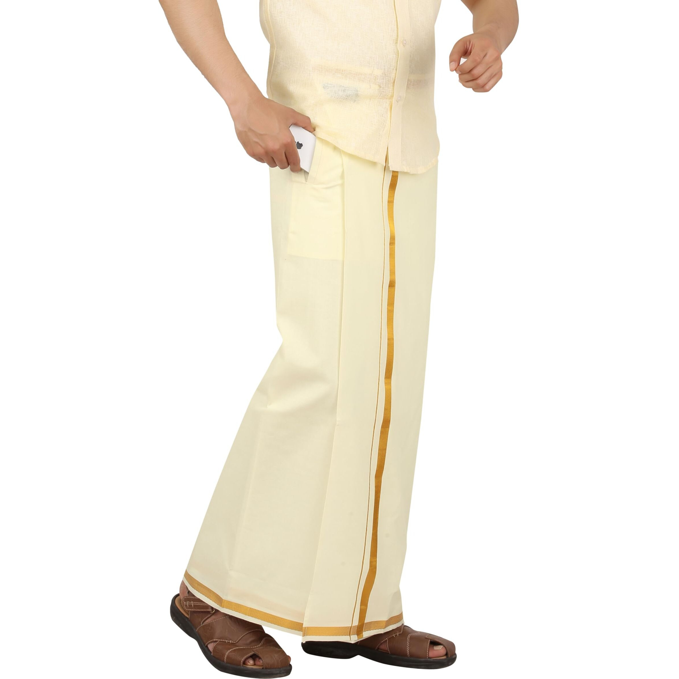 PRAKASAM COTTON Cream Colour-Gold Jari Border Welcro Pocket Stitched dhoti for mens/Size Hip -34 inches- Length- 42 inches