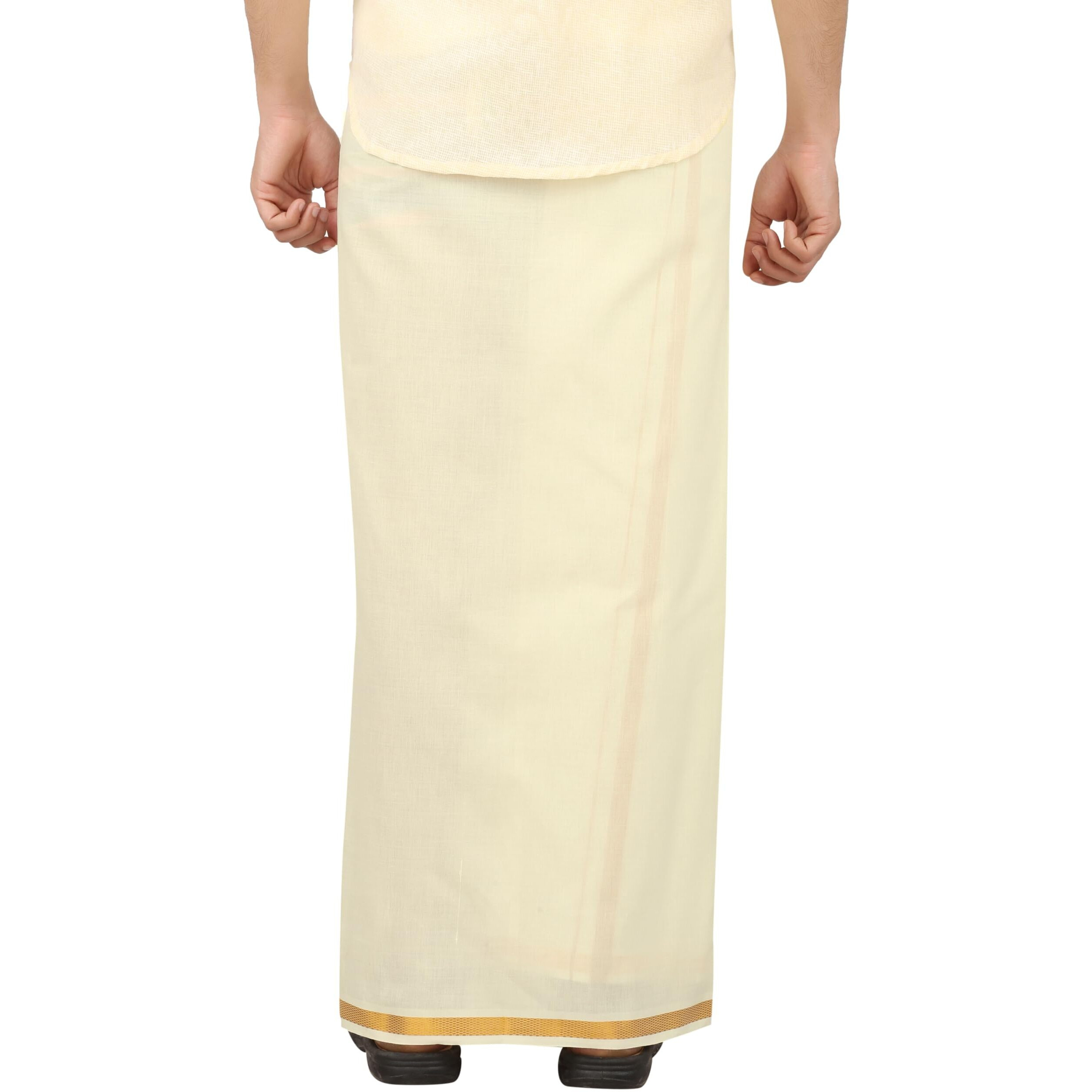 PRAKASAM COTTON Cream Colour-Gold Jari Border Welcro Pocket Stitched dhoti for mens/Size Hip -34 inches- Length- 42 inches