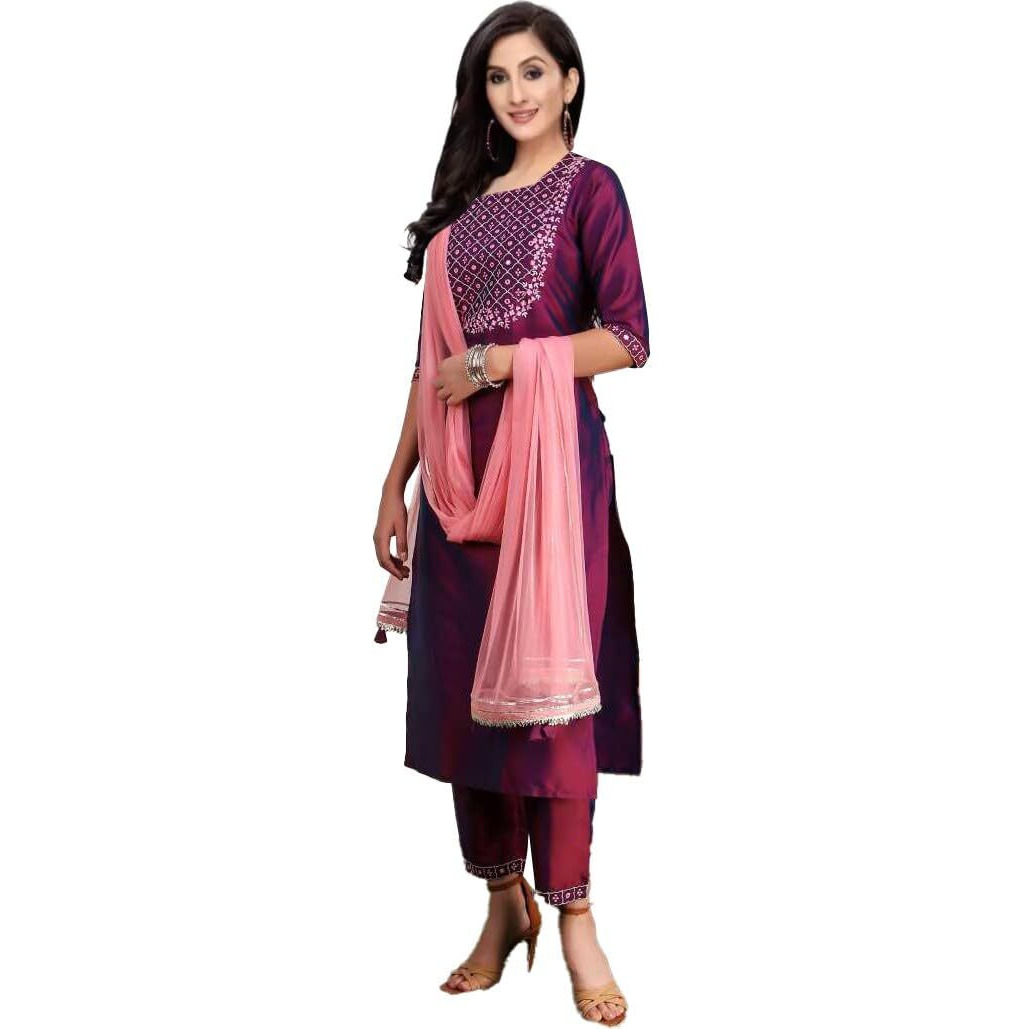 Yashika Women's Art Silk Purple Color Kurta and Pant Set with Dupatta(YS-KS2037-XXL)
