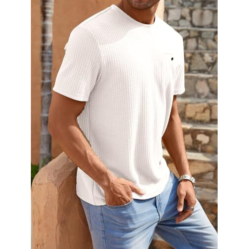 TAGDO Men's Waffle Knitted Crew Neck Regular Fit Tees (Waffle-5154-White-M)