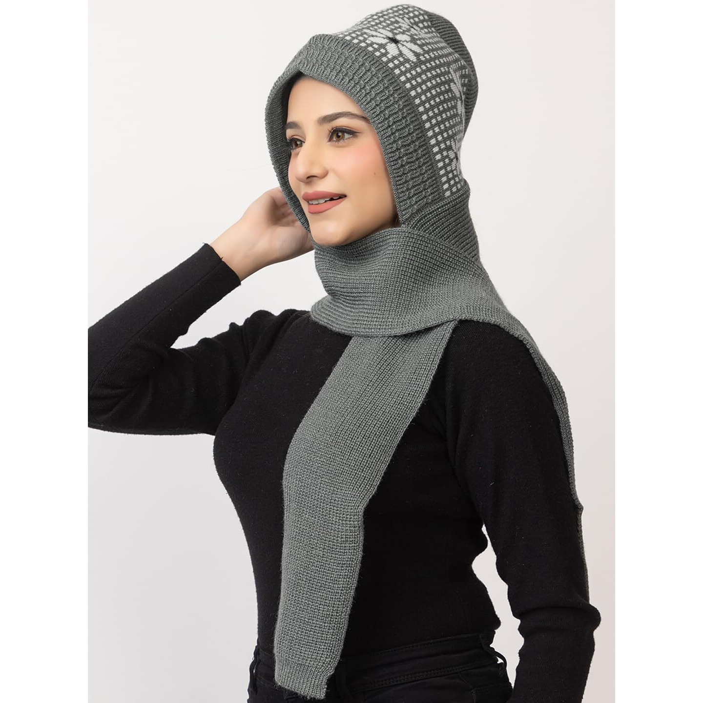 AMOLDO Women's Winter Woolen Soft Warm Knitted Designer Muffler Beanie Cap with Fur | Fleece Printed Woolen Hat with Attached Scarf for Cold Weather (in, Alpha, Free Size, Grey)