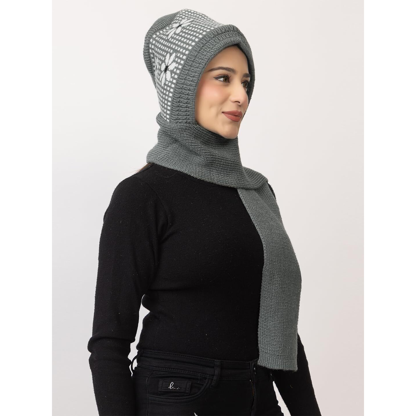 AMOLDO Women's Winter Woolen Soft Warm Knitted Designer Muffler Beanie Cap with Fur | Fleece Printed Woolen Hat with Attached Scarf for Cold Weather (in, Alpha, Free Size, Grey)