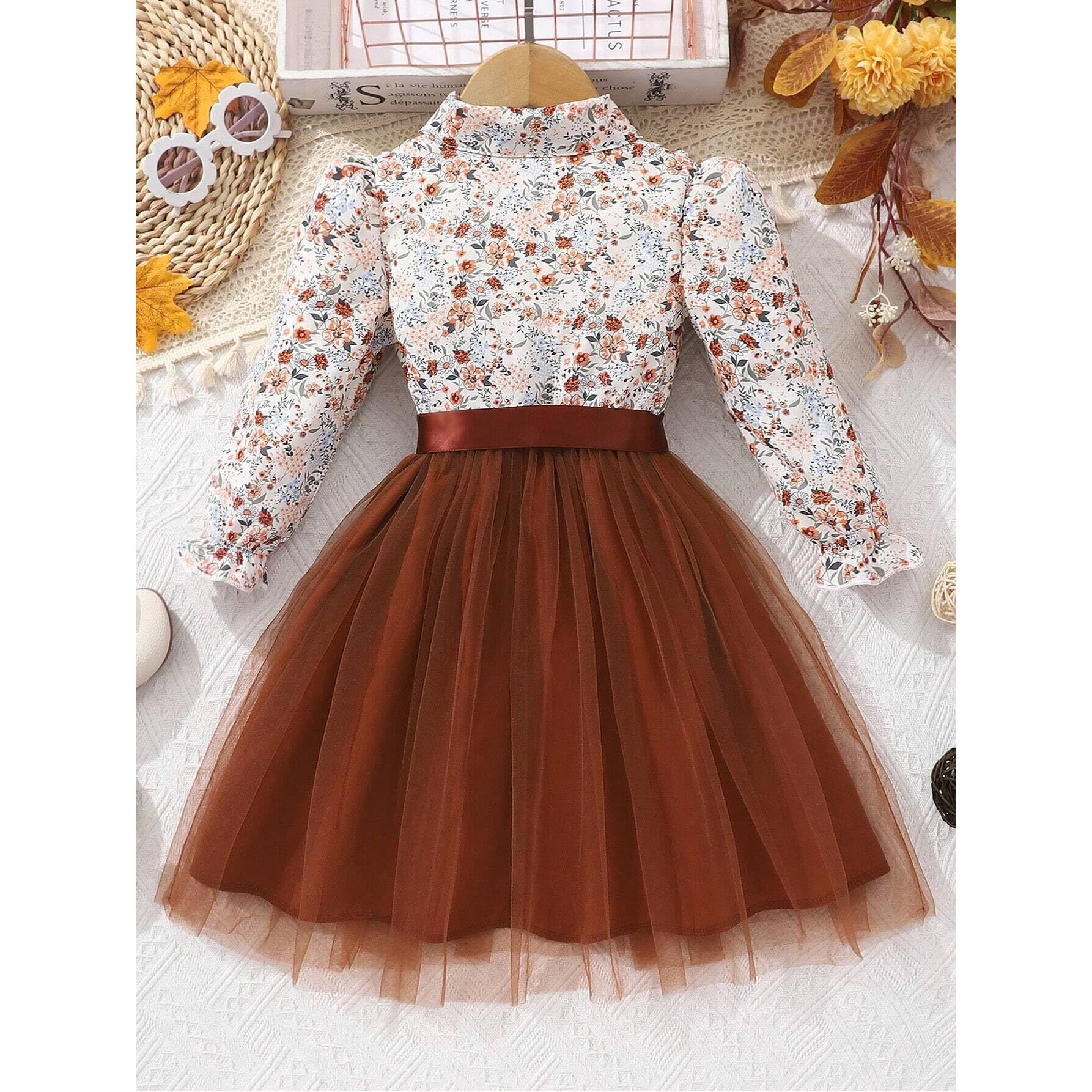 TAGAS Baby Girl's Polyester A-Line Knee-Length Dress (KD-351-BROWN-5_Brown_5 6 Years)