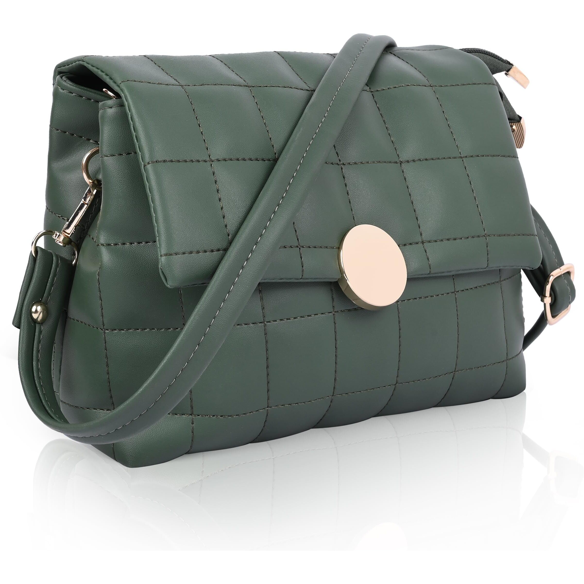 ADISA Women's Girls Quilted Cross Body Sling Bag with Height Adjustable Belt (SL5144) (Dark Green)