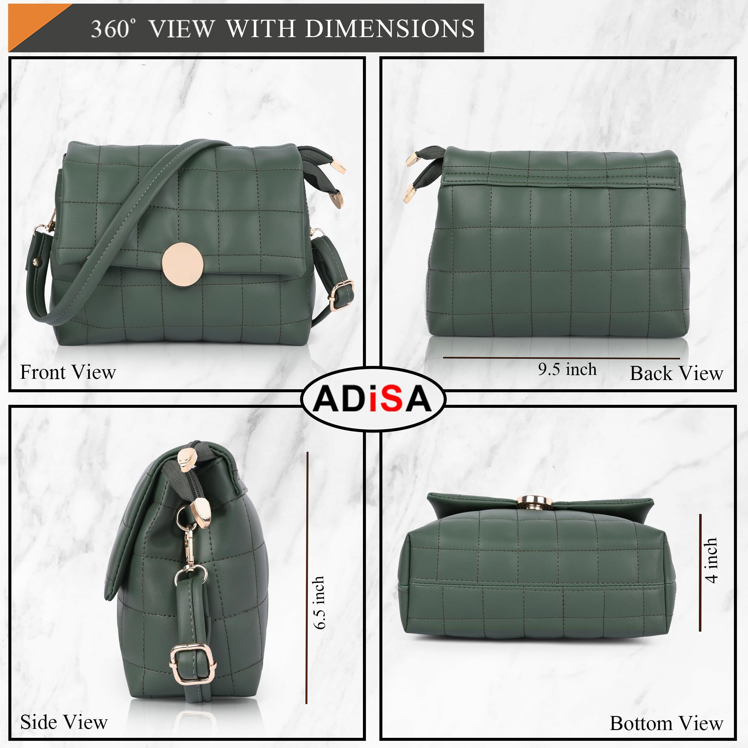 ADISA Women's Girls Quilted Cross Body Sling Bag with Height Adjustable Belt (SL5144) (Dark Green)