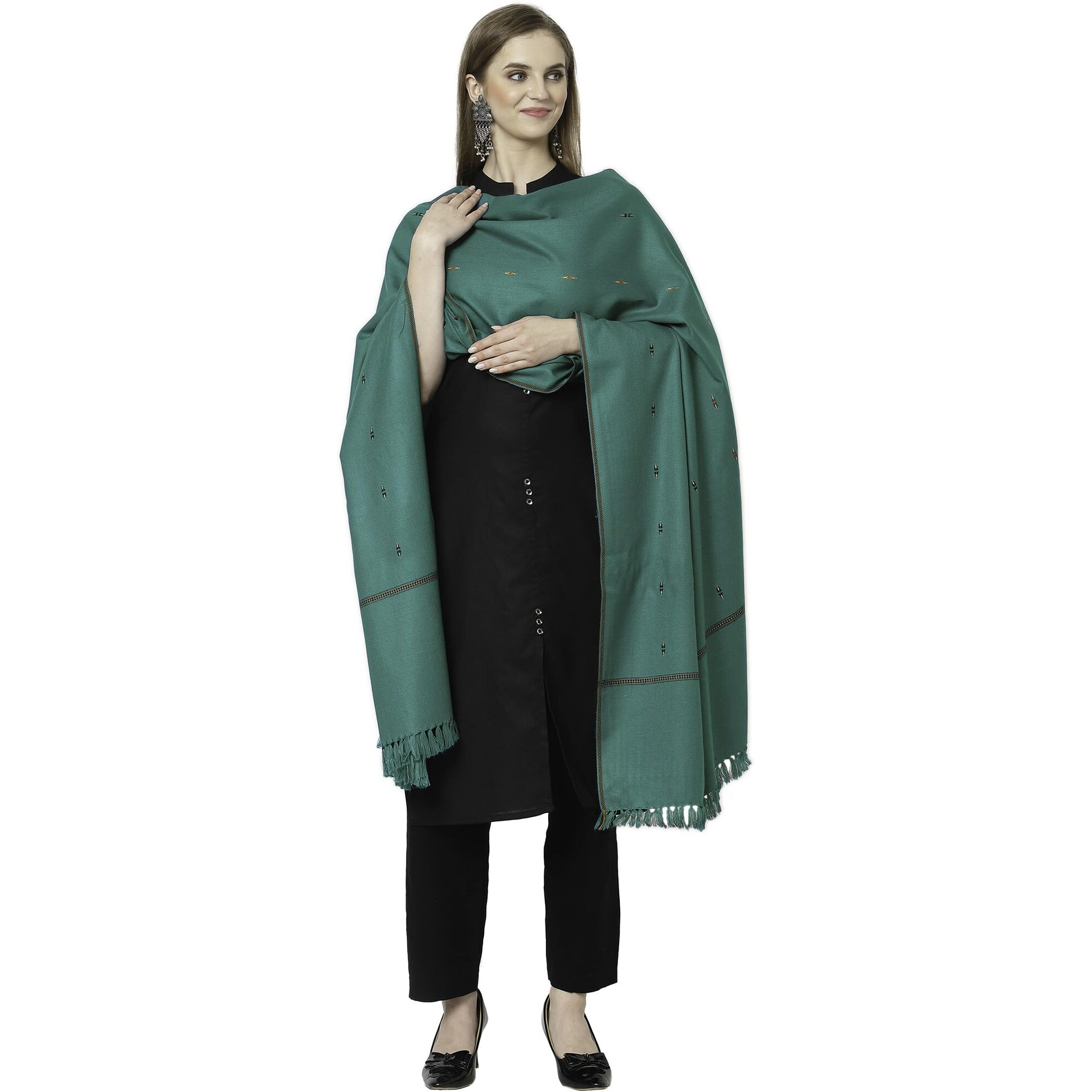 Weavers Villa Women's Woolen Shawl (Green), 100cm X 200cm