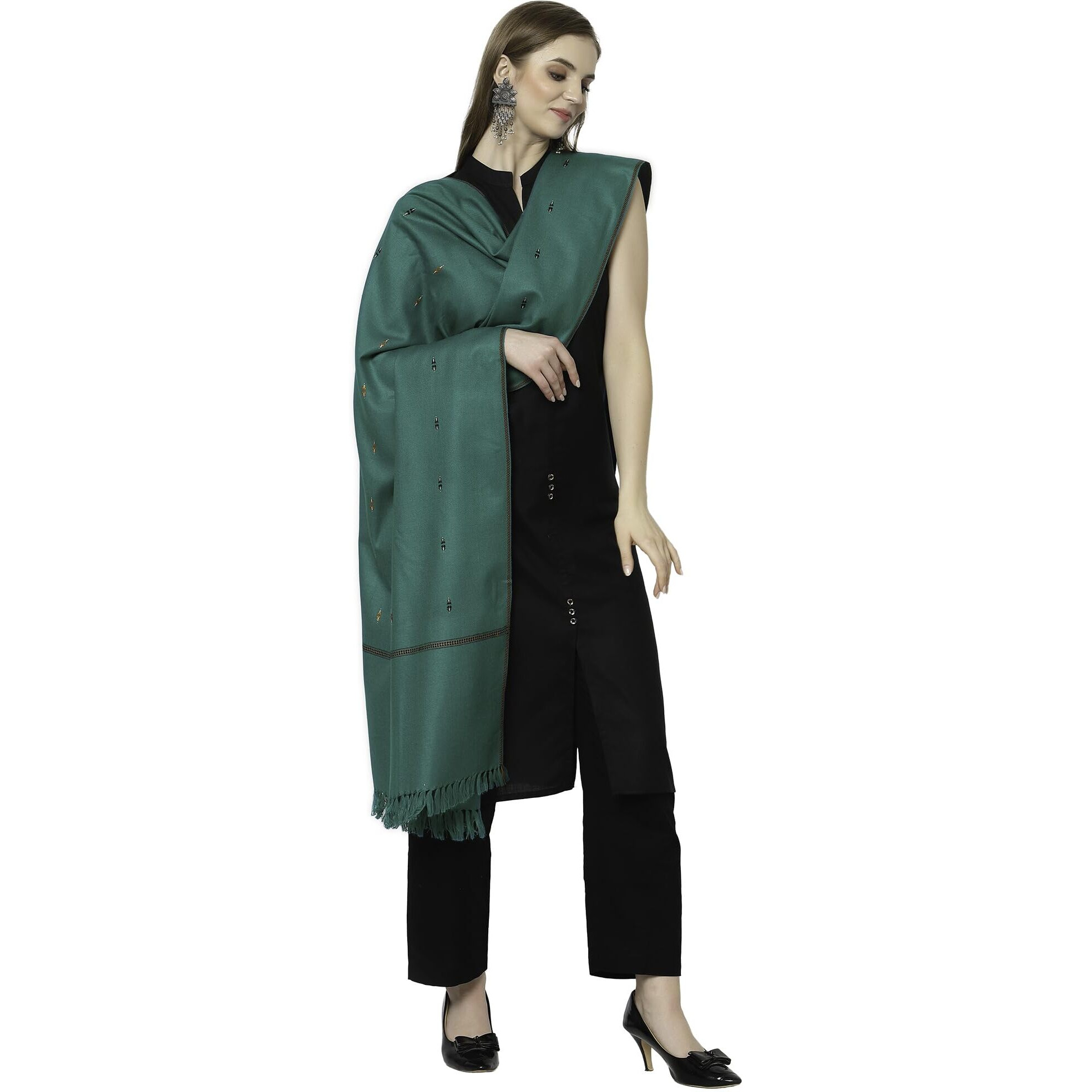 Weavers Villa Women's Woolen Shawl (Green), 100cm X 200cm