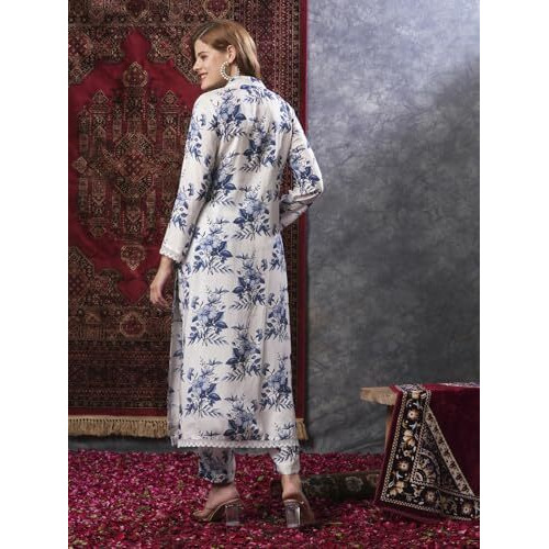 ANNI DESIGNER Women's Cotton Blend Straight Printed Kurta with Pant (Pivar White_L_White_Large)