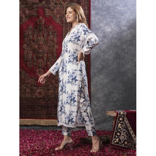 ANNI DESIGNER Women's Cotton Blend Straight Printed Kurta with Pant (Pivar White_L_White_Large)